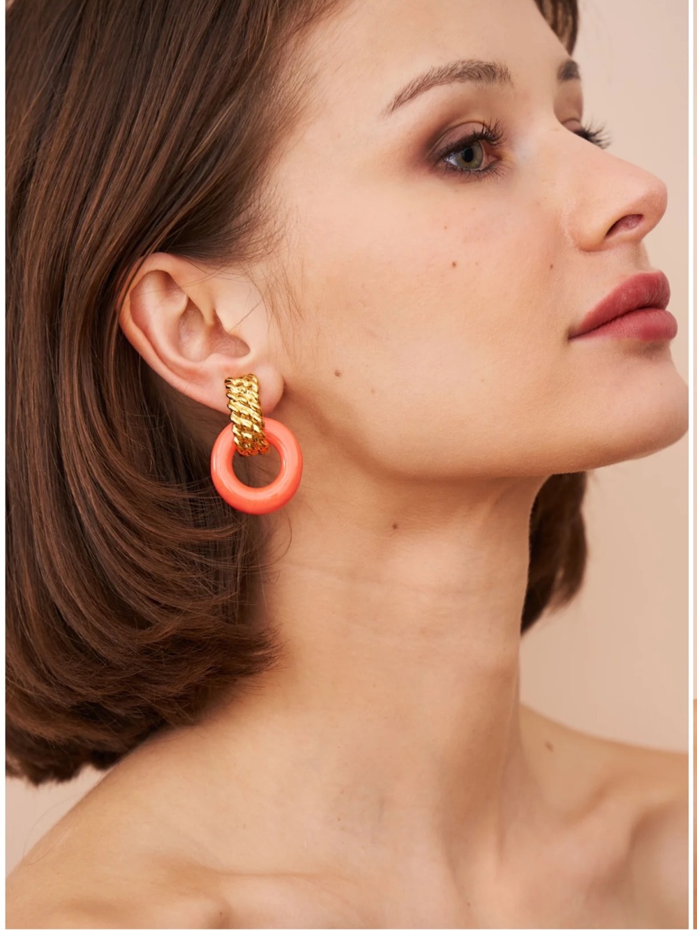 Kenneth Jay Lane GOLD & CORAL DOORKNOCKER CLIP EARRINGS